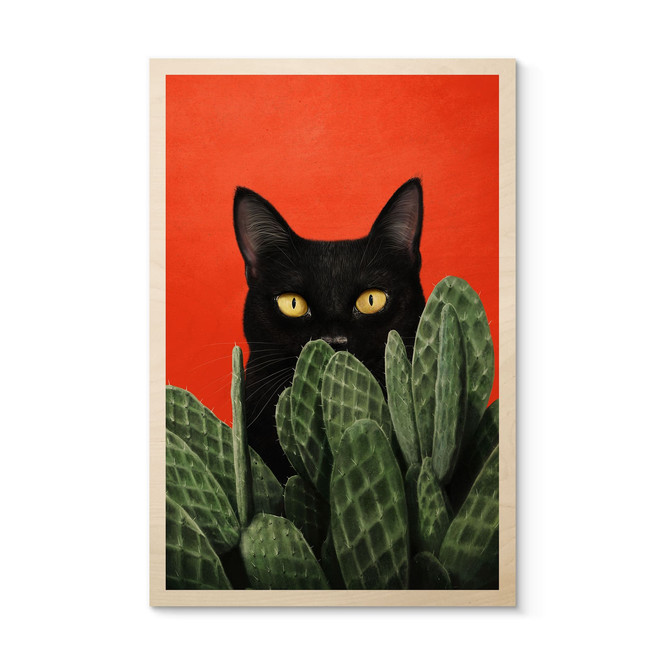 Holzbild Schwarze Katze im Kaktus-Versteck - Korenkova