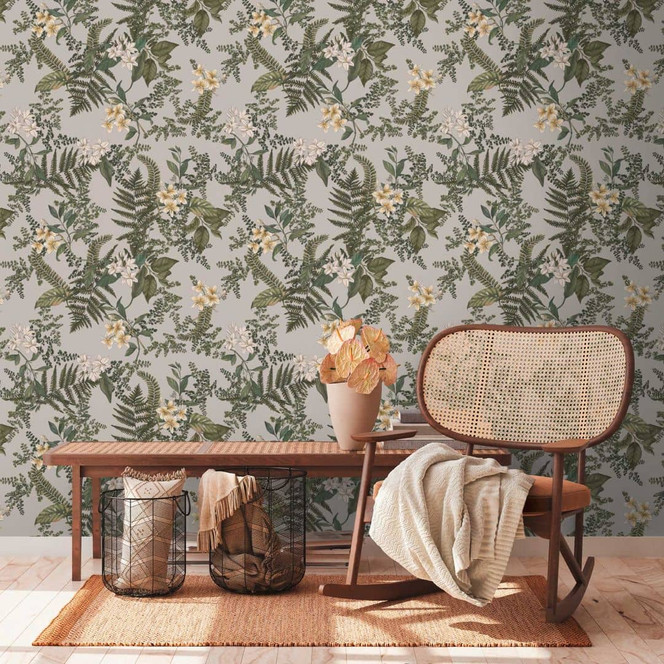 Pflanzen-Tapete mit Blüten Grau Grün - Vliestapete mit Blumen floral