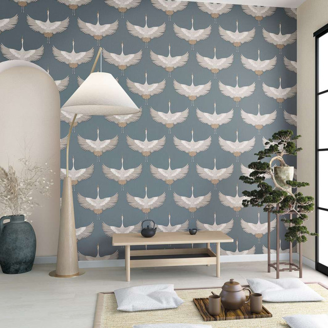 Vliestapete mit Kranichen blau, beige Grafisch