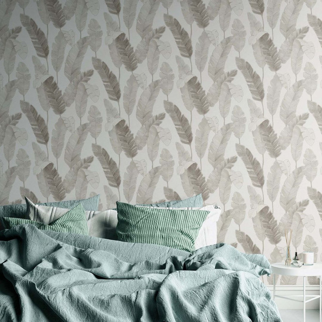 Wandtapete Wohnzimmer Tapete Blätter Beige Weiss Vliestapete Dschungel Palmen 