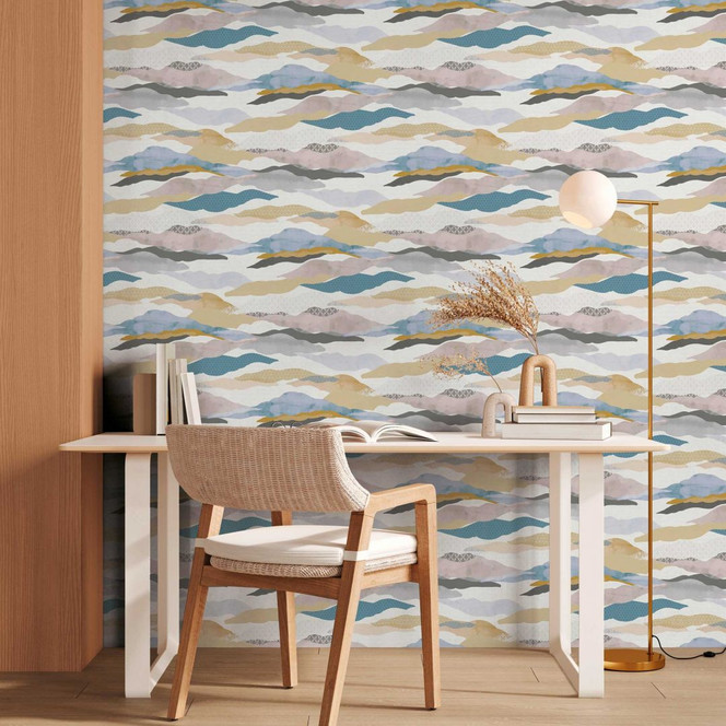 Abstrakte Tapete Berge Aquarell - Vliestapete in Beige Blau Grau - Mustertapete