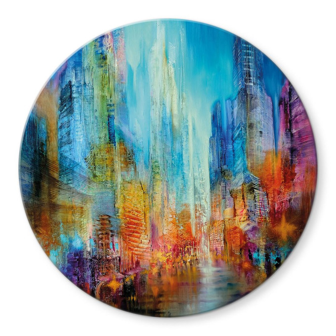 Glasbild Abstrakte Grossstadt - Rund - Schmucker