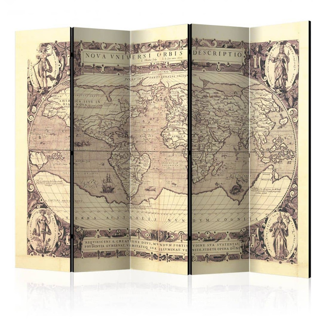 Paravent, Raumteiler freistehend, Trennwand - Weltkarte - Nova Universi Orbis Beschreibung, 5-teilig - 225 x 172 cm