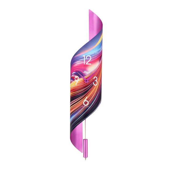 Regulateur Savanna II "HERMLE" Edelstahl Vorderseite Motiv bunte Wellen weisse arabische Zahlen 3.6.9.12 Hermle Logo weiss und Rückwand pink glänzend
