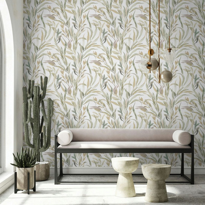 Vliestapete Blätter Floral Natur matt in Weiss Grau Beige