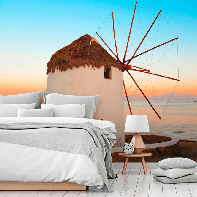 Fototapete Landschaft GreekWindmill in blau braun - Vliestapete Designwalls 2 - 2.55x3.5 m