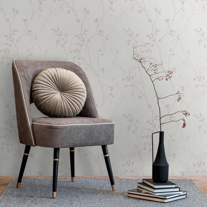 Florale Ranken-Tapete Weiss Grau – Vliestapete mit zartem Blättermuster