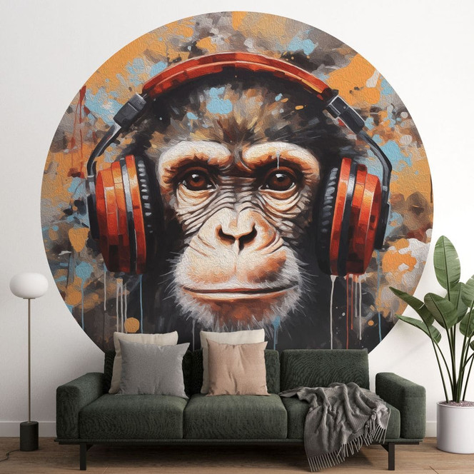 Fototapete DJ Affe mit Kopfhörer - Magnusson - Rund - Selbstklebend/Vlies
