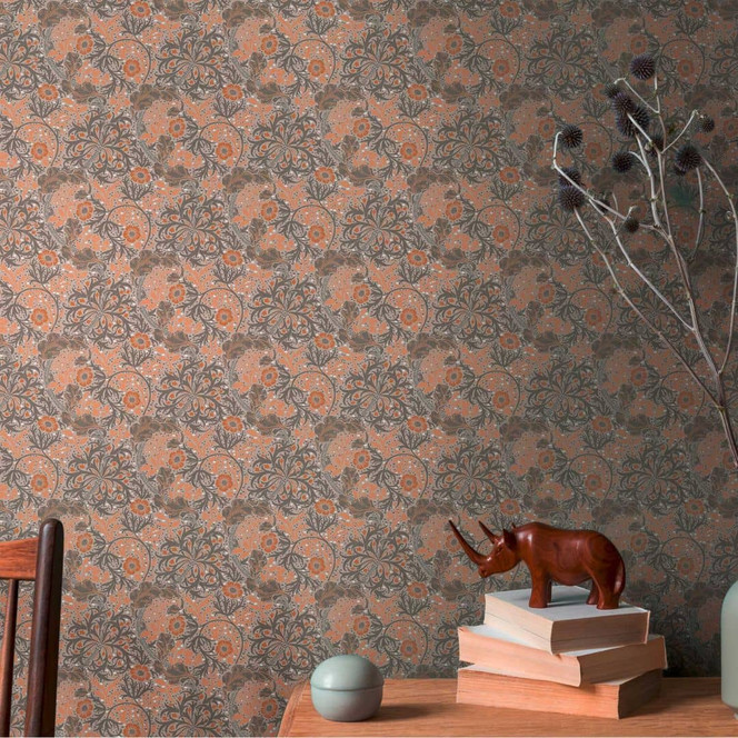 Tapete mit Blumenranken und Blüten Braun Orange - Blumen-Vliestapete floral