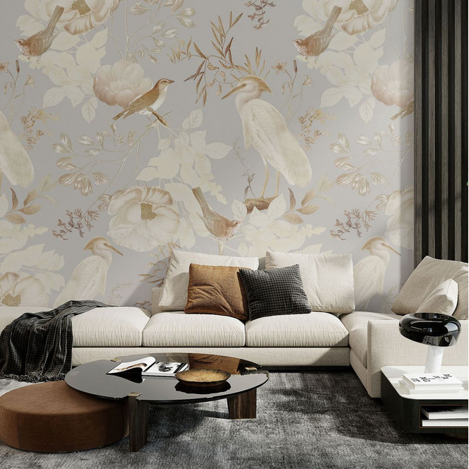 Fototapete Vögel zwischen weissen Blumen - UN Designs