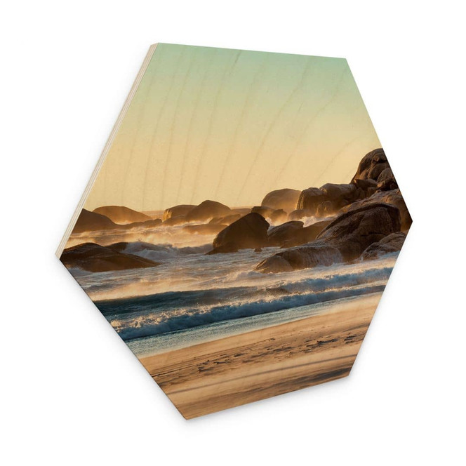 Hexagon Holzbild Strandküste bei Sonnenaufgang in Afrika - Hugonnard
