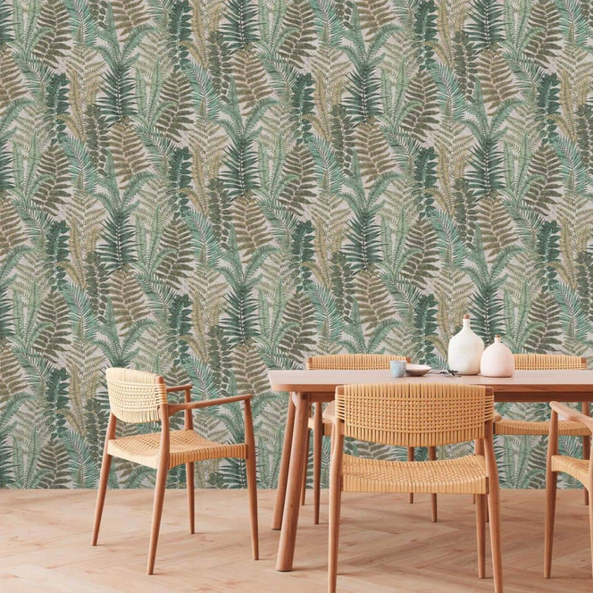 Mustertapete mit Farnblättern Beige Grün Braun - Florale Tapete mit Blättern