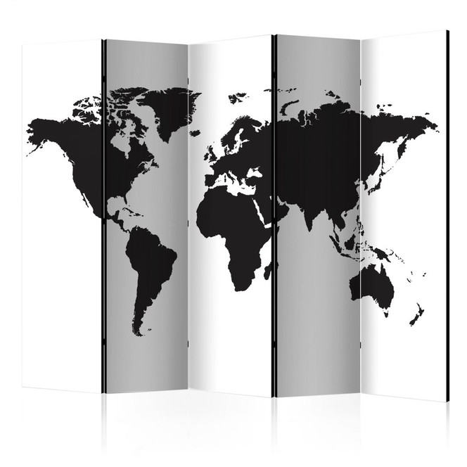 Paravent, Raumteiler freistehend, Trennwand - Weltkarte - schwarz-weisse Welt, 5-teilig - 225 x 172 cm