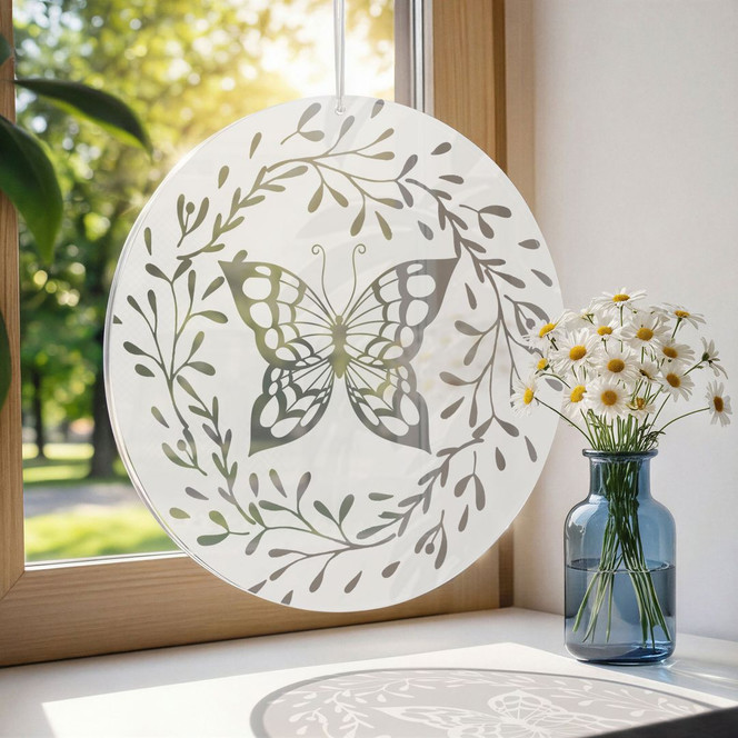 Acrylglasbild, Fensterbild zum Aufhängen Kranz mit Schmetterling - Rund