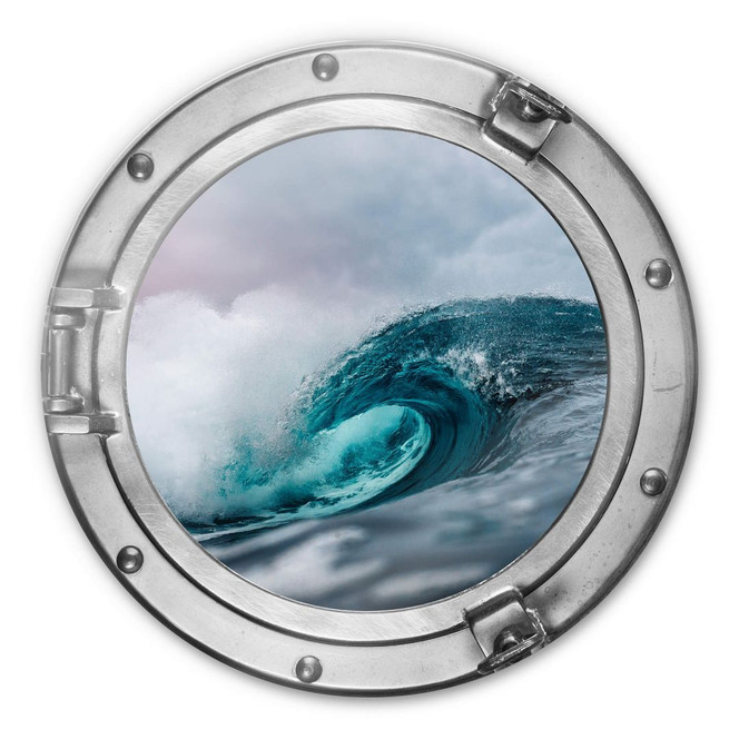 Glasbild rund 3D-Optik Bullauge - Das tosende Meer