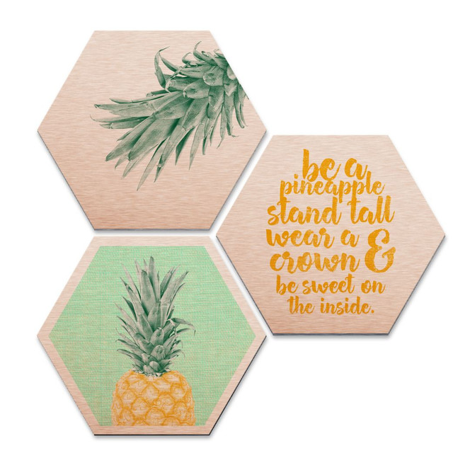 Hexagon - Alu-Dibond-Kupfereffekt - Ananas (3er Set)