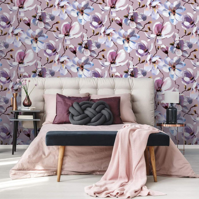 Vliestapete mit Blättern in gemaltem Stil rosa, weiss Floral