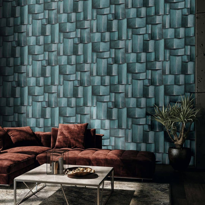 Vliestapete mit Holzmotiv geometrisch blau, türkis 3D-Optik