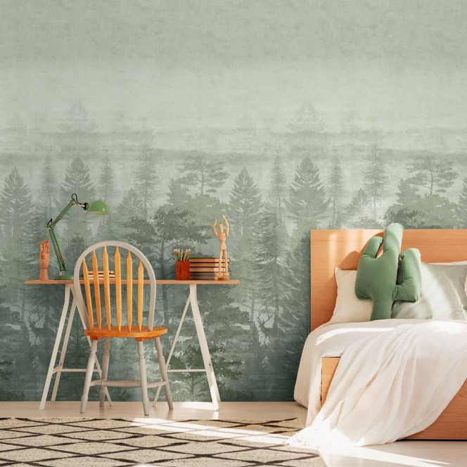 Wald-Fototapete Nebelgrün Grau - Naturtapete Bäume - Erweiterbare Vliestapete