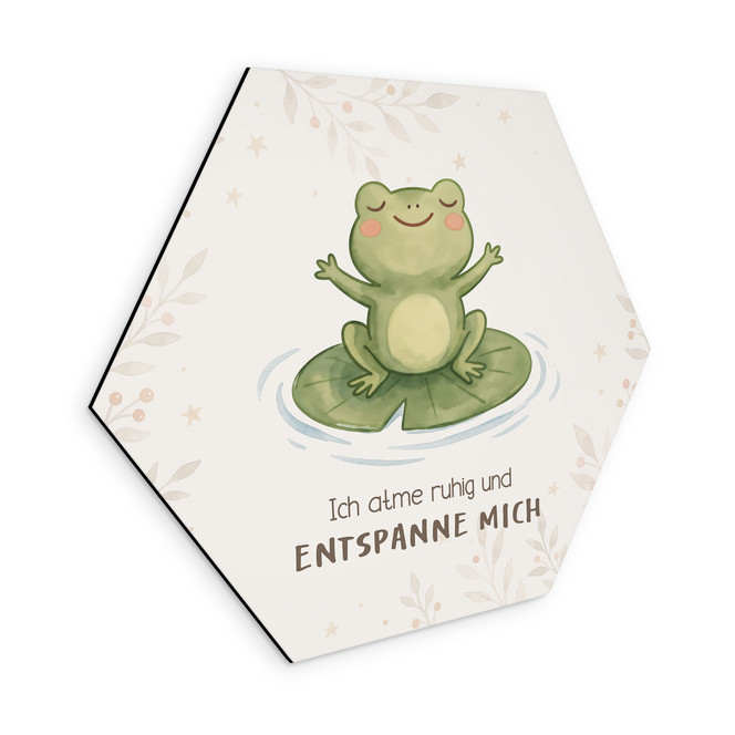 Alu-Dibond Hexagon mit Frosch - positiver Spruch "Ich atme ruhig"