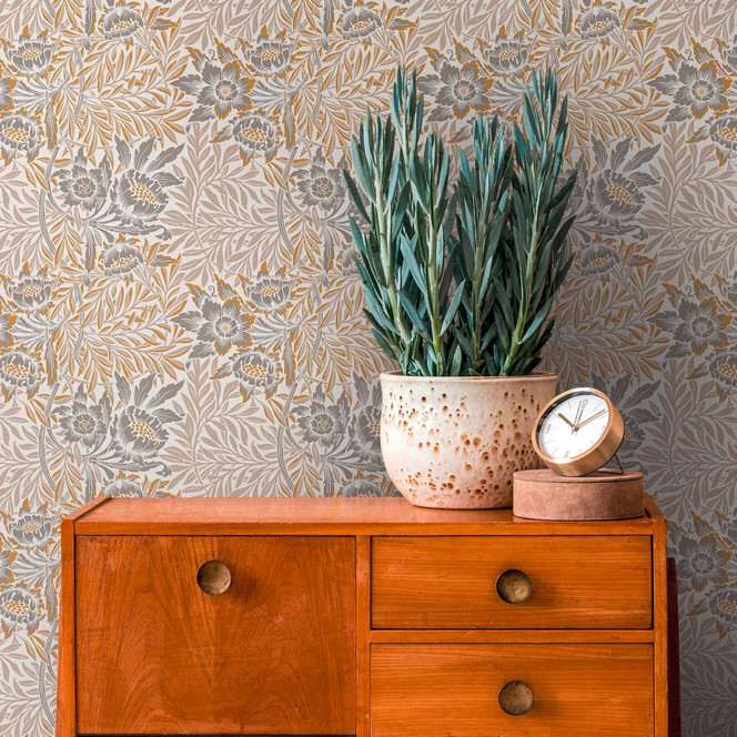 Blumen-Vliestapete mit floralem Muster Beige Gold - Tapete mit Gräsern