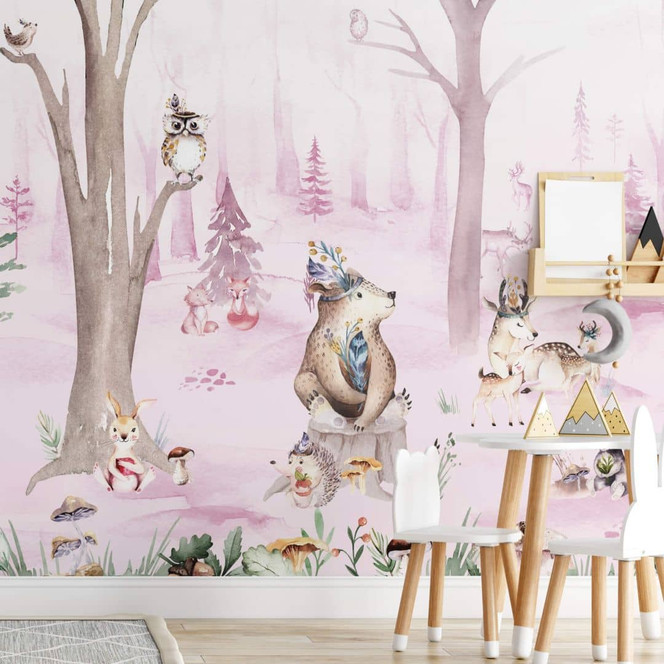 Fototapete Kvilis - Tierfreunde im Wald - Rosa