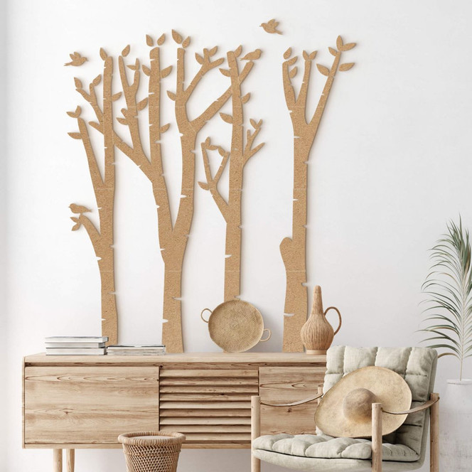 XXL Holz-Wandpaneel Birken-Baum - Wald mit Vögeln - MDF Natur