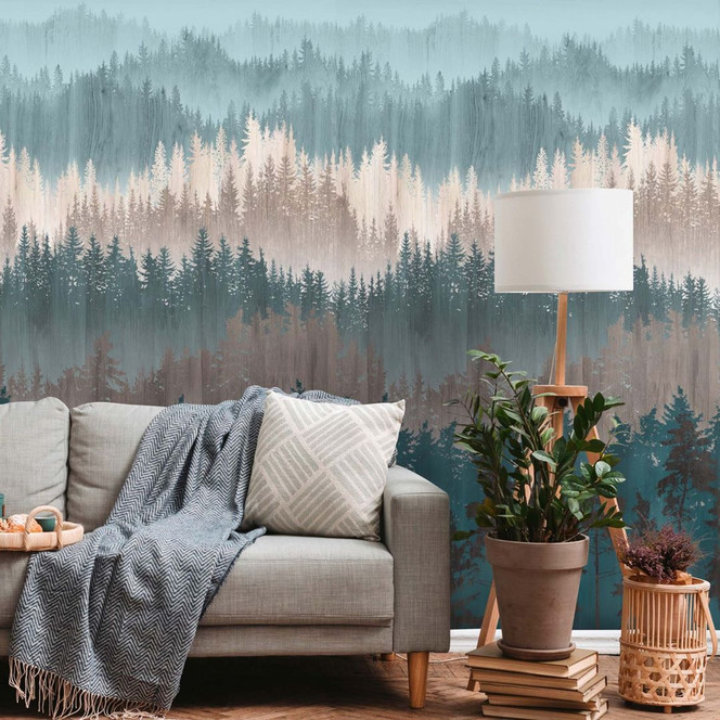 Fototapete Natur Wald Blau Beige Tapete Bäume Modern für Küchen, Wohnzimmer
