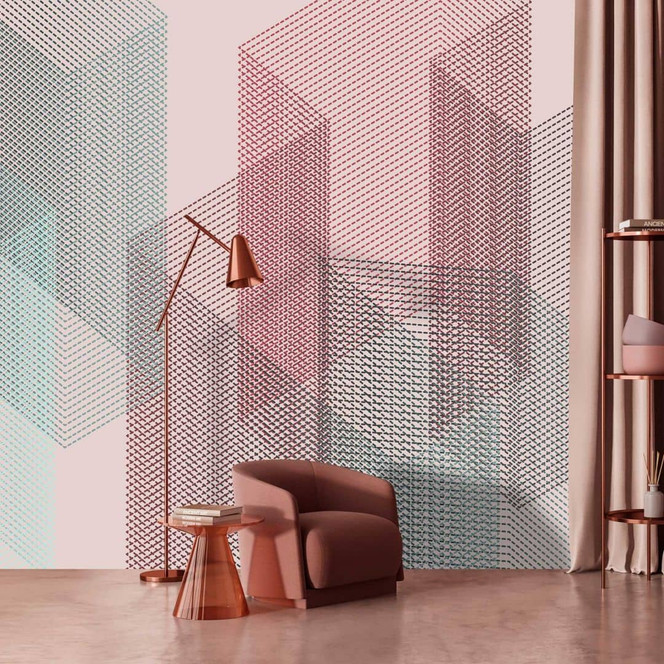 Fototapete Geometrisch 3D - in Pastellrosa und Blaugrün - Vliestapete
