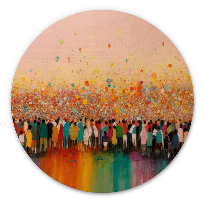 Holzbild Treechild - Lebensfreude bunter Menschen - Rund