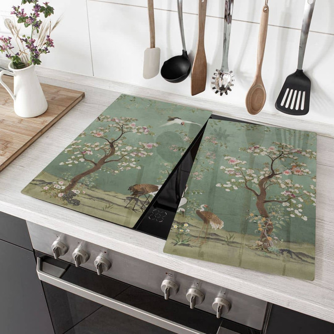 Herdabdeckplatte Kraniche in floraler Landschaft - Bloomery Decor