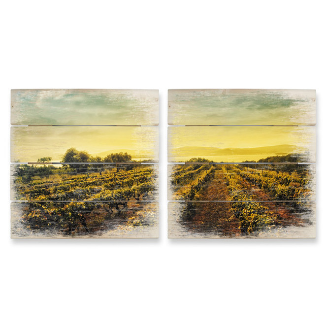 Holzbild Weinreben im Sonnenuntergang (2-teilig)