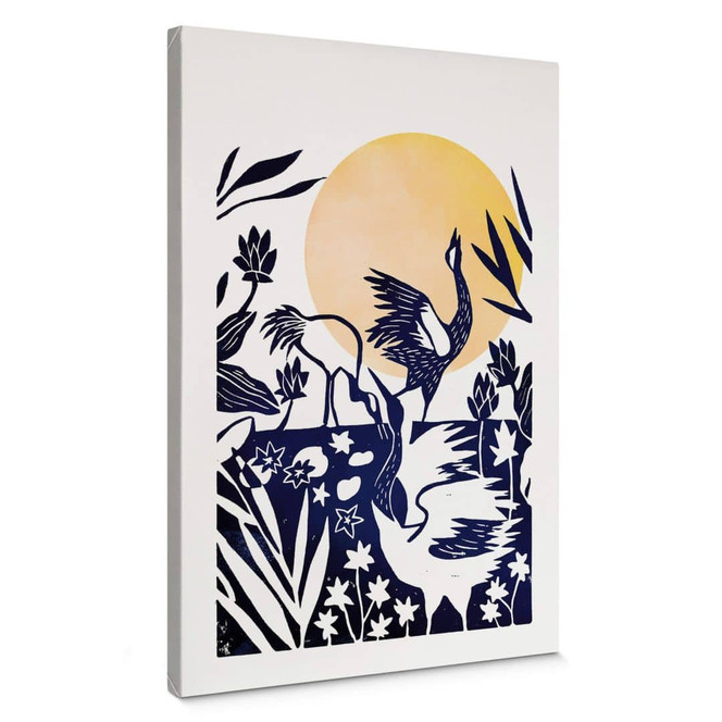 Leinwandbild Goed Blauw - Linolschnitt Kranich