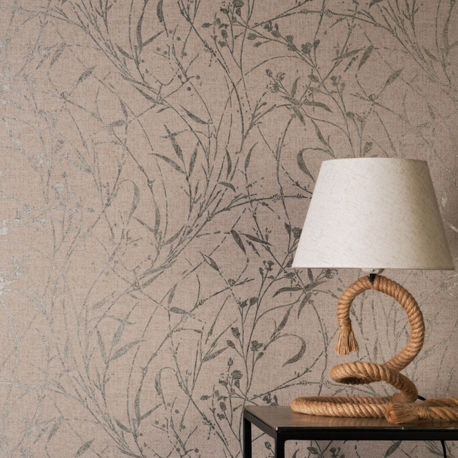 Vliestapete Fee Wild Free braun beige schwarz metallic - Gräser Wildblumen Wohnzimmer Flur