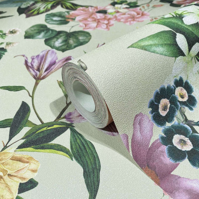 Vliestapete mit Blumenmotiv und Blättern beige, rosa Floral