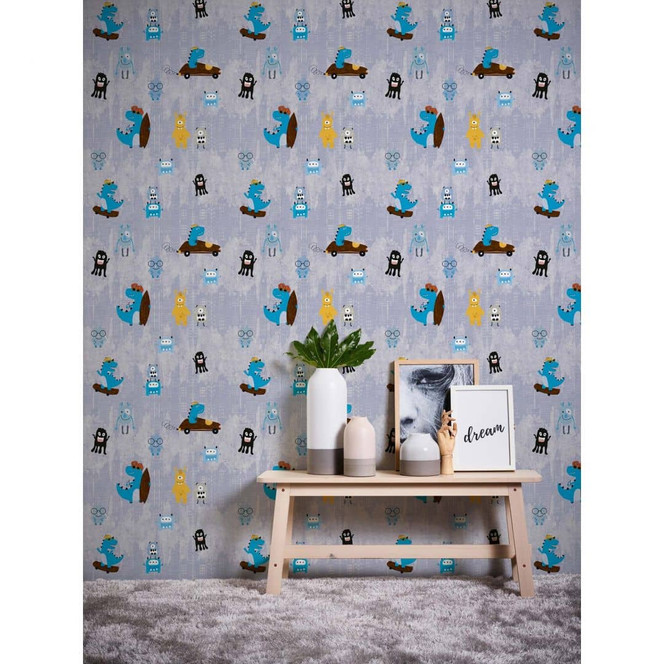 A.S. Création Kinderzimmertapete Little Love Vliestapete mit niedlichen Dinosauriern und Monsternau, gelb, braun, schwarz