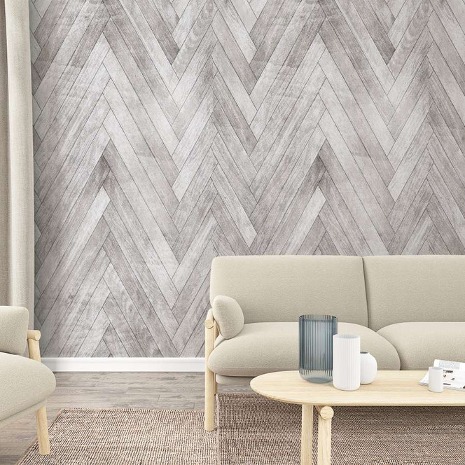 Fototapete in Holz-Fischgrat Muster Greige ,Holzoptik 2.70 x 1.59 m