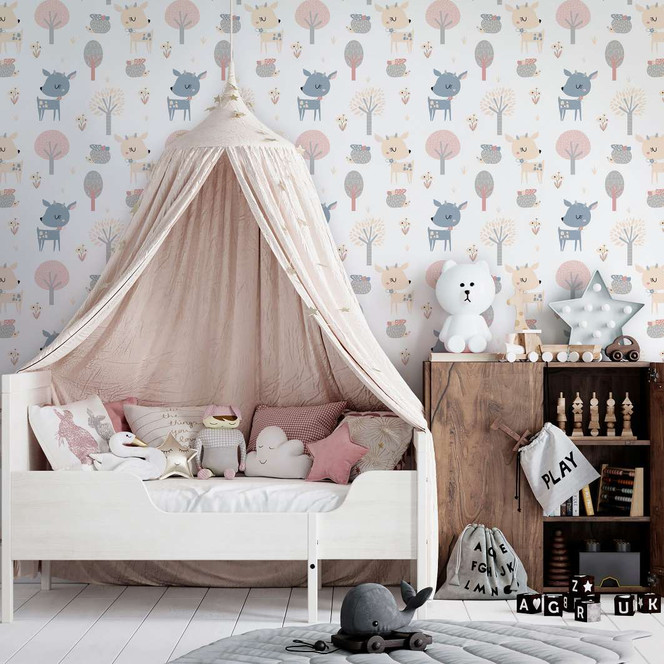 Kindertapete, Vliestapete mit Illustration Kids Walls weiss, rosa, blau