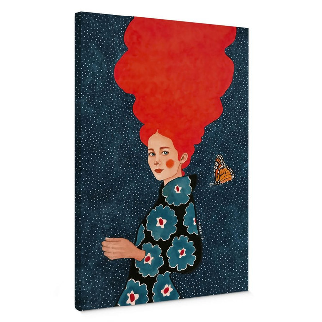Leinwandbild Frau im Blumenkleid mit Schmetterling - Hülya