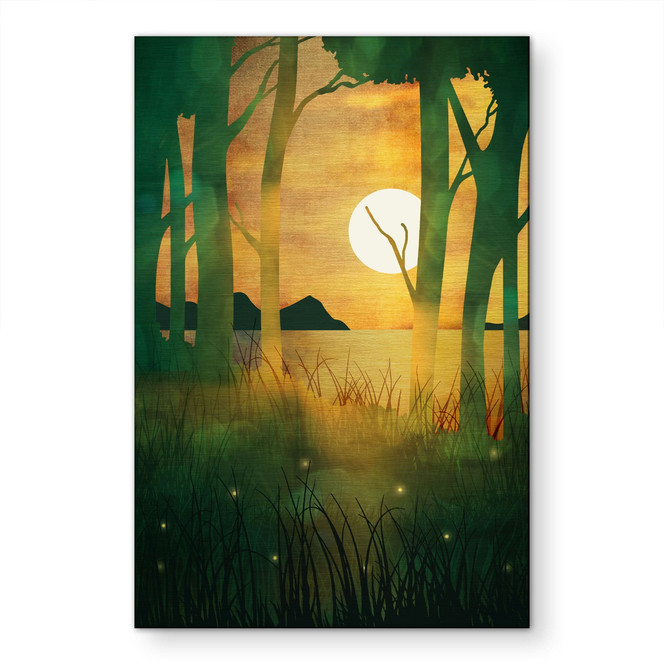 Alu-Dibond gebürstet mit Goldeffekt - Waldzauber bei Sonnenuntergang - SpaceFrog Designs