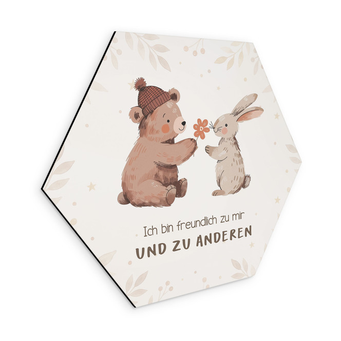 Alu-Dibond Hexagon mit Bär und Hase - Kraftsatz "Ich bin freundlich"