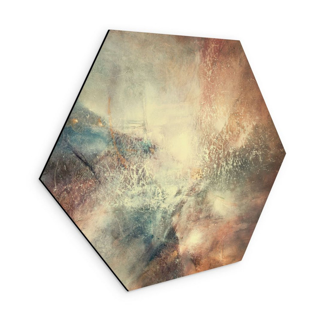 Hexagon Wandbild Abstrakter Nebel im Goldlicht - Schmucker - Alu-Dibond