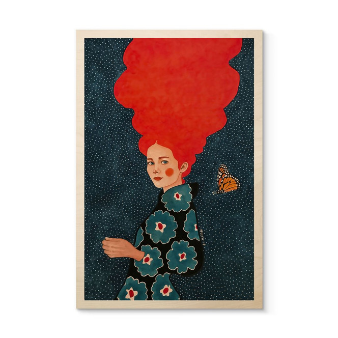 Holzbild Frau im Blumenkleid mit Schmetterling - Hülya