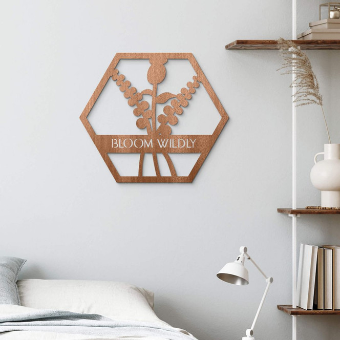 Holzdeko Mahagoni - Blumen im Hexagon - Bloom Wildly