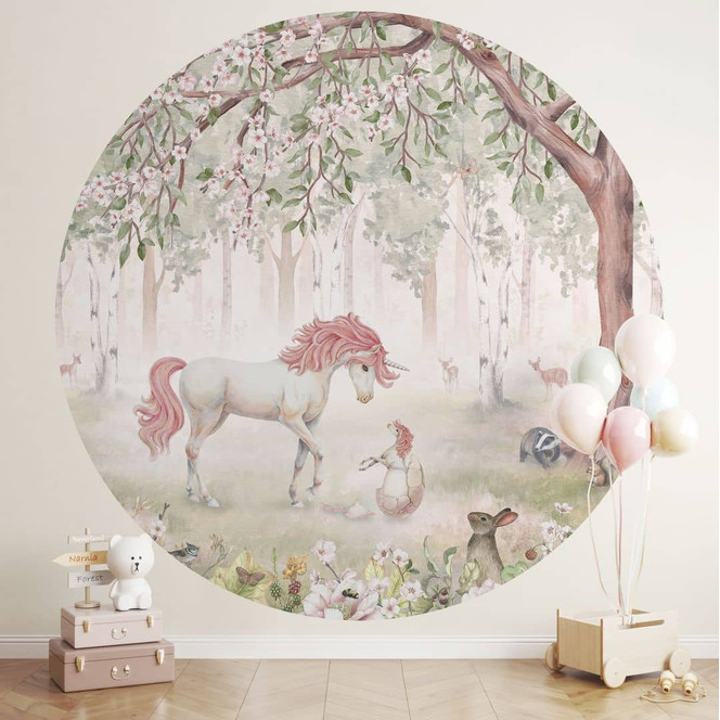 Kinderzimmer Fototapete Märchenhafter Wald mit Einhörnern - Kikki Belle - Rund - Selbstklebend/Vlies