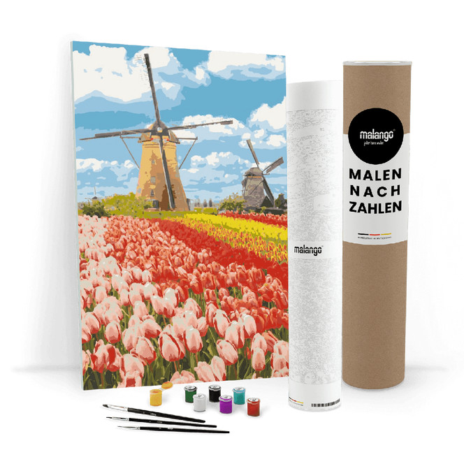 Malen nach Zahlen Leinwandbild - Blumen Landschaft an der Mühle