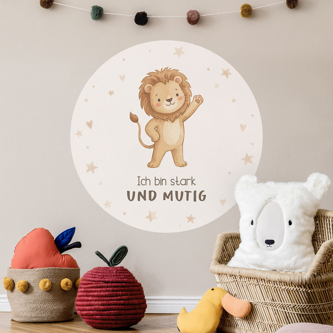 Rundes Wandtattoo mit Löwe - Kraftsatz "Ich bin stark und mutig" fürs Kinderzimmer