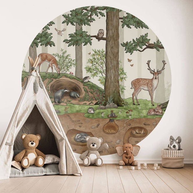 Kinderzimmer Fototapete Wimmelbild Waldtiere - Kikki Belle - Rund - Selbstklebend/Vlies