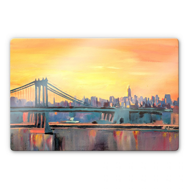 Glasbild Bleichner - Blue Manhattan Skyline with Bridge and Vanilla Sky