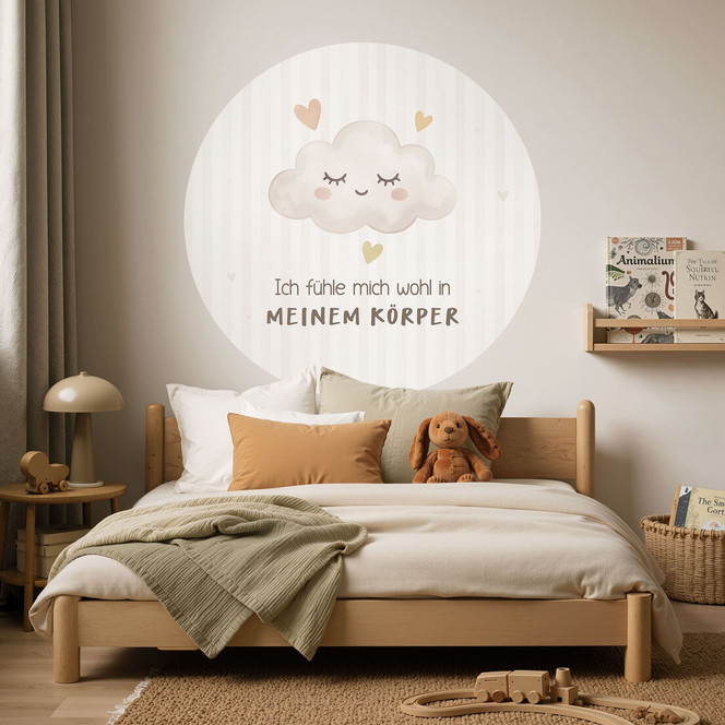 Rundes Wandtattoo mit Wolke - Kraftsatz "Ich fühle mich wohl in meinem Körper" fürs Kinderzimmer